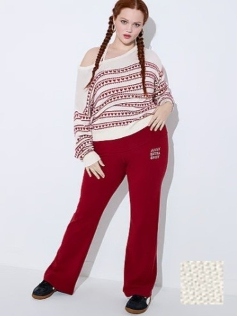 PINK Victoria's Secret Cream & Burgundy Off-Shoulder Knit Sweater